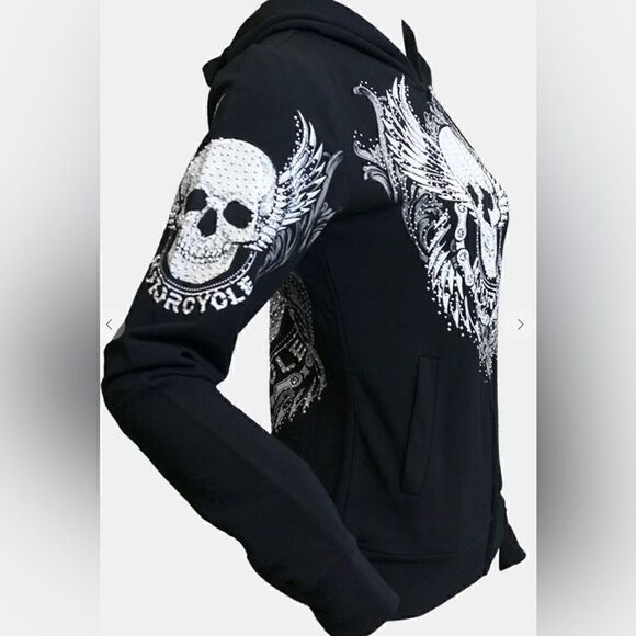 Motorcycle Skull Chained Rhinestone Hoodie - Picture 3 of 3